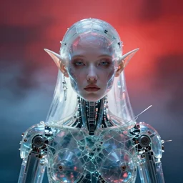 symmetry closeup portrait of a transparent cyborg mam druid, shattered glass, cinematic light, backlight, red sky blue, misty, by mikhail vrubel, by philippe druillet, by peter elson, by gerald brom, muted colors, ( ( extreme detail ) ), trending on artstation, 8 k