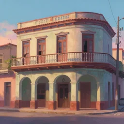 beautiful painting of cuban houses an storefront, 5 0's, front view, animation, trending in artstation, dawn light, art style by disney, pixar an ghibli