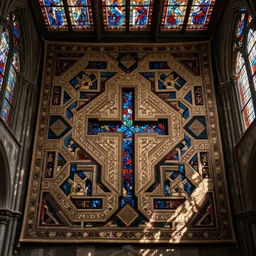 crusaders cross in the middle of a detailed symmetric geometric tapestry stained glass cathedral ceiling