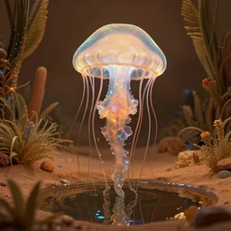 creature jellyfish in a desert lush vegetation, warm tones, night, water reflection, bioluminescent translucent : : by michal karcz, daniel merriam, victo ngai and guillermo del toro : : ornate, dynamic, particulate, intricate, elegant, highly detailed, centered, artstation, smooth, sharp focus, octane render, 3 d