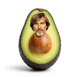 an avocado with the head of bob ross