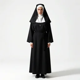 wise nun in habit, cinematic studio photo, full body, standing, isolated on a pure white background, centered, whole figure in frame, sharp focus, studio lighting