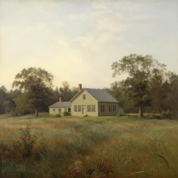 A serene landscape with a singular building in the style of John Frederick Kensett.