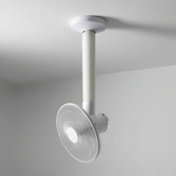 desk fan with a tube attached to the back going all the way up to the cealing but not attached to the ceiling, professional photography, studio lighting