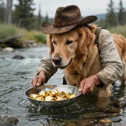 a wild west man with the head of a golden retriever panning for gold in a river, gold nuggets in pan, cinematic style photograph