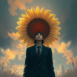 giant daisy flower head, frontal, a girl in a suit, surreal photography, sunrise, dramatic light, impressionist painting, digital painting, artstation, simon stalenhag