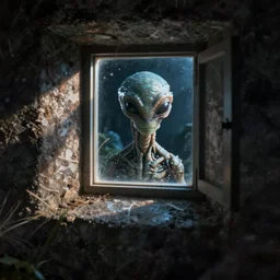 an alien seen through a small window at night