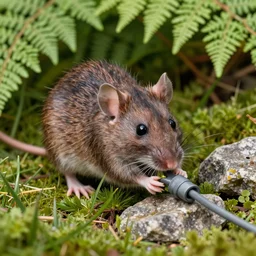 a rat eating a gray cable in the ferns, grass and rocks, highly detailed photo, intricate details, volumetric lighting