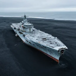low level cinematic aerial shot of abandoned aircraft carrier in the middle of black sand beach in iceland