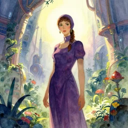 technopriestess in a futuristic industrial garden. watercolor by moebius and clamp, backlighting, vibrant palette.