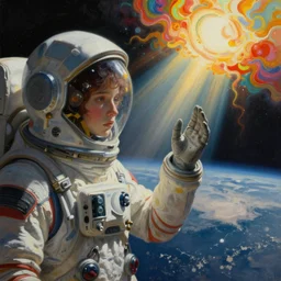 painting, the embodiment of fragility, light beams, above earth, cinematic lighting, outer space, touching sun beam, erupting colors, eva suit, sad, medium close up, extremely detailed, sharp focus, by artgerm and greg rutkowski and alphonse mucha and maya takamura, [ [ [ wlop ] ] ], intricate, beautiful, trending on artstation