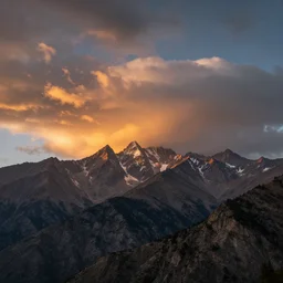super wide angle, burning clouds, majestic mountains, dream