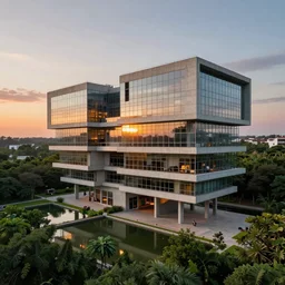 a stunningly detailed building designed by Le Corbusier, surrounded by lush green forest, ponds of water, stunning volumetric lighting, sunset, metal, concrete, glass, stunning skies, trending on Artstation, 8k, photorealistic, hyper detailed, unreal engine 5, Rhinoceros 3D, IMAX quality, cinematic, epic lighting, in the style of Greg Rutkowski