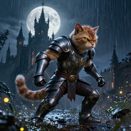 angry anthropomorphic pete, wearing rain soaked armour in heavy rain, incredibly fine detailed portrait, battle angel alita, dynamic angle, elegant, full body profile, 2 0 0 mm focal length, highly detailed, dramatic full moon lighting, many fireflies, gothic castle prodominently in the background, movie cover