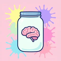 jar with logo of a brain, advert, maximalist pastel color palette, splatter paint, pixar and disney concept, graphic novel by fiona staples and dustin nguyen, peter elson alan bean wangechi mutu, clean cel shaded vector art, on artstation