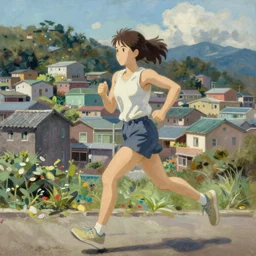 a woman running in jiufen taiwan, an oil painting by ross tran and thomas kincade, studio ghibli