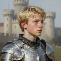 a blonde male teenager wearing a silver plate armor, digital painting, digital art, oil painting, masterpiece, realistic and detailed face, profile picture, realistic, highly detailed, high quality, symmetrical, low contrast, trending on deviantart, soft colors, soft lighting, face portrait, beautiful, elegant, castle in the background, bokeh, oil painting