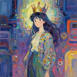 ! dream psychedelic cybernetic technological abstract textured wallpaper of a tall girl with a crown, rembrandt, hayao miyazaki, kentaro miura, beautiful brush strokes and colors, relaxing concept art, chill vibes, calm, smooth, gorgeous, advanced lighting technology, stylized, expressive,