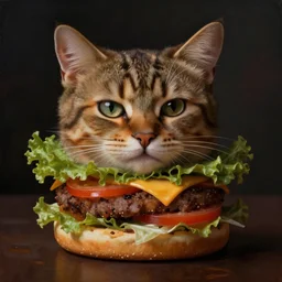 cat hamburger, atmospheric lighting, painted, intricate, volumetric lighting, beautiful, rich deep colours masterpiece, sharp focus, ultra detailed