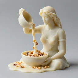 melting wax sculpture of a woman spilling a bowl of cereal, high resolution photograph