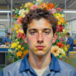 factory worker face, flowers background, hyperrealistic painting, figurative art, multiple exposure, poster art, by mike winkelmann