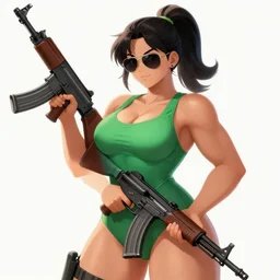 a concept art of a beautiful curvy anime girl with an athletic feminine body in a green tank top and aviator classic sunglasses holding an assault rifle, ponytail, concept art, oc commission, style by avetetsuya studios, tanned body, power pose, illustration, trending on artstation, trending on twitter