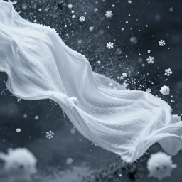 surreal photography falling silk snowflakes with tiny faces volumetric render