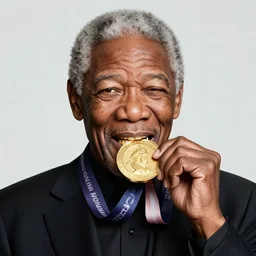 Morgan Freeman biting his large golden medal while winking into the camera