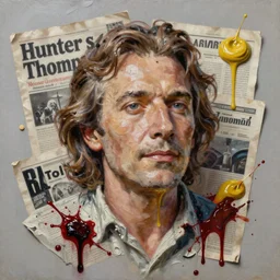 hyperrealistic, photorealistic, mixed media oil painting of hunter s thompson, magazine scraps, plaster, blood, oil, mustard, splatter, greg rutkowski, basquiat, ralph steadman, wesley kimler