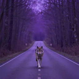 a lonesome wolf walking down a straight road with woods on the sides, purple atmosphere, digital painting
