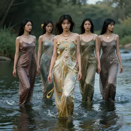 a full body shot of asian girls in a river by artgerm, dynamic lighting, ray tracing, tom bagshaw, alphonse mucha, donata giancola, mary jane ansell, ankh necklace, atmosphere, realism, octane render, dof, hyperdetailed, 8 k
