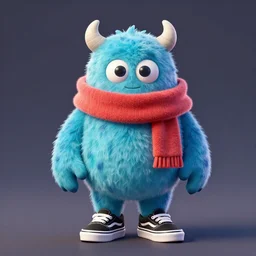 a friendly monster wearing a scarf and a pair of vans, 3 d render