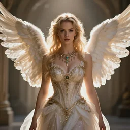 centered  waist up portrait of an angel wearing an incredible dress with jewelry, bokeh + DOF + 8k, photorealistic + rendered in octane + ultra realistic + backlit + strong rim light + HDRI, HD, trending on artstation