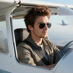 a man is flying on a small plane with flying hair and aviator glasses, hyper realistic, hyper detailed, cfg _ scale 1 5