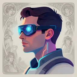 side view future coder man, cyclops display over eyes and glowing headset, neon accents, holographic colors, desaturated headshot portrait vector painting by john berkey, tom whalen, alex grey, alphonse mucha, donoto giancola, dean cornwall, rhads, astronaut cyberpunk electric lights profile