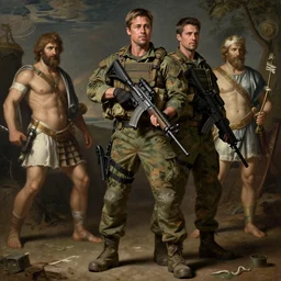 a special operations member that looks like brad pitt and colin farrell, in battle, covert military pants, military boots, greek mythology, oil reinassance painting by cornelis van poelenburgh and dosso dossi, ultra detailed, concept art, 8 k what