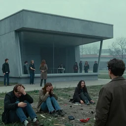 outdoor exterior, cassette futurism, existential horror, people in anguish, people in grief, societal breakdown, atmospheric haze, film. painting by edward hopper, norman rockwell, gregory crewdson. film still, 1 6 mm cinematography