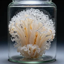 high intricate tremella - fuciformis formed waves made of crystals inside a glimmering glass jar, maria panfilova, andrea savchenko, mike kime, ludovic plouffe, qi sheng luo, oliver cook, trending on artstation