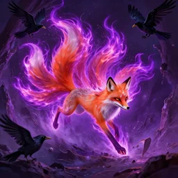 9 tailed fox aflame with purple souls of the fallen trying to be carried off into the abyss by ravens as the universe collapses
