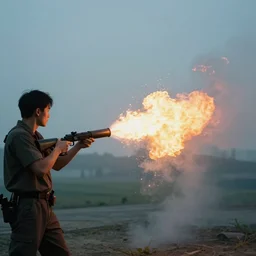 ! dream a guy firing from a flamethrower napalm, film footage porta 4 0 0 golden, epic burst of fire, cinematic contrast shot