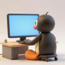 pingu sitting behind a computer, 3 d render,, art, epic lighting, clay, claymation