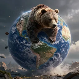 Earth being destroyed by a huge bear, realistic 4k octane beautifully detailed render, 4k post-processing, highly detailed, intricate complexity, epic composition, magical atmosphere, cinematic lighting, masterpiece, ultra hd