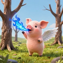 cute piglet, with a pair of angelic wings, blue flames from the mouth, hitting the dead trees on the grassland, under the clear sky, rich details, fantasy, avatar style