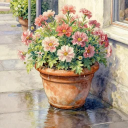a beautifull intricate watercolor painting of potted planter with flowers inside sitting on wet sidewalk, reflexions, high details by william turner art, greg rutkowski and alphonse mucha, trending on artstation, very very detailed, masterpiece,