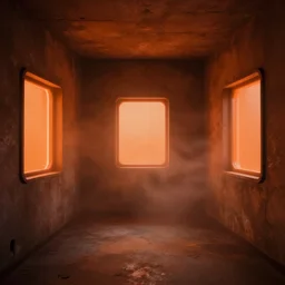 an eco brutalist room with small windows, orange neon lights, dramatic lighting, hyper realistic, photography, 3 5 mm, kodak film, 8 k, octane render, unreal engine render, concept art, volumetric lighting, foggy