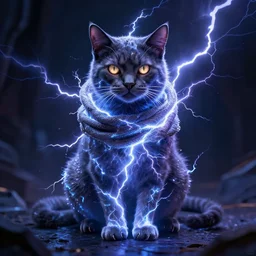 cat draped in lightning and plasma, digital art, scifi