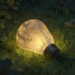 a weirdly shaped lamp laying in grass in a garden at night, deep focus, intricate, highly detailed, digital painting, artstation, concept art, matte, sharp focus, illustration, art by artgerm and greg rutkowski, wlop, artgerm, royo