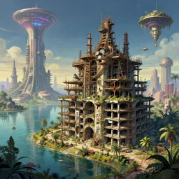 a beautiful ultradetailed illustration of architecture unfinished building industrial architecture building abandoned nature city urbex deck by salvador dali, dieselpunk lake futuristic cosmic liberty city tron rainforest vaporwave sci - fi magic realism sunlight synthwave biopunk elysian, archdaily, wallpaper, highly detailed, trending on artstation.