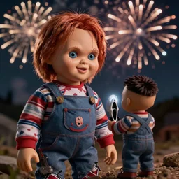kim jong un doll watching screaming chucky doll fireworks octane render