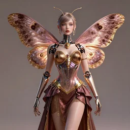 a feminine cyborg designed to look like a moth in a cabaret style dress, digital art,